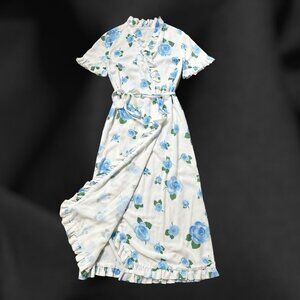 70s Vintage Ruffle Wrap Dress Maxi Tie Belt Blue Rose Short Sleeve Cotton.